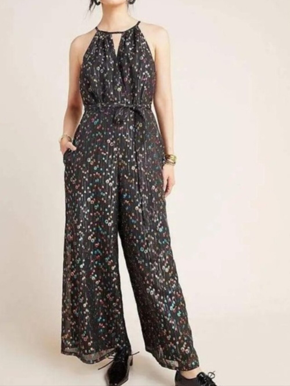 Anthropologie Eva Franco Edita Black Shimeer Polka Dot Wide Leg Jumpsuit Size 0
